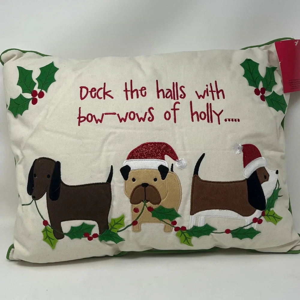 Christmas Pillow Deck The Halls Bow Wows Holly Pet Holiday Pug Basset Dachshund
